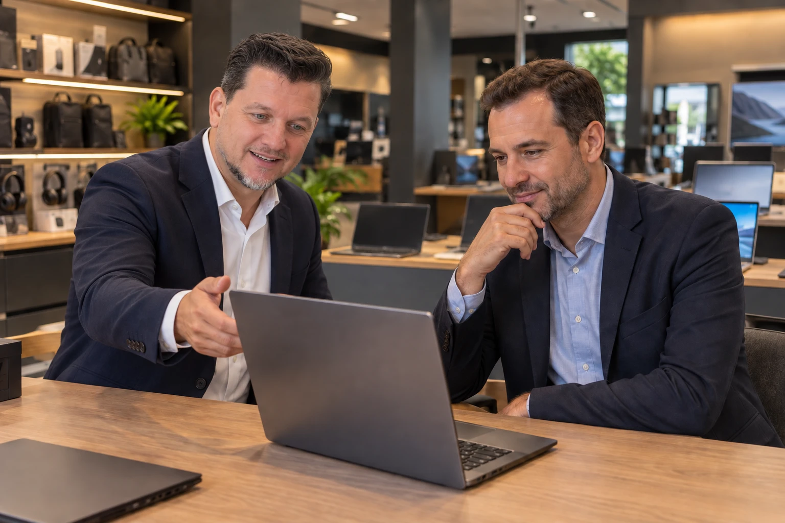 Cena ilustrativa com o personagem da Systemsul, de blazer, orientando um cliente na escolha de um notebook