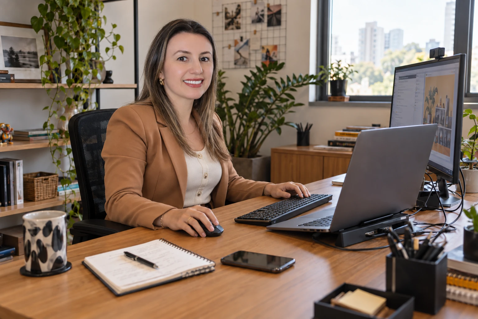 Cena ilustrativa com a personagem da marca em um escritório, junto a notebook, monitor e periféricos