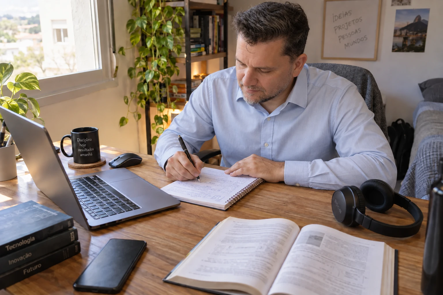 Cena ilustrativa com o personagem da marca, de camisa social, estudando com notebook e caderno de anotações